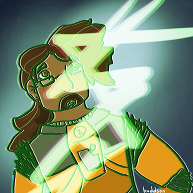 HLVRAI fanart of Gordon from the waist up. he has a ponytail and an HEV suit. there is a bright flash across the image