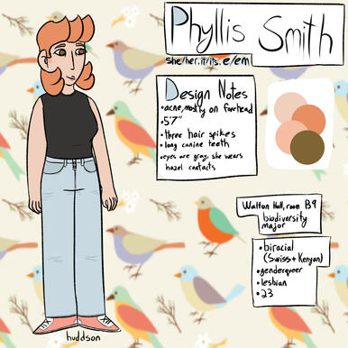 a reference image of a character named Phyllis Smith with pale skin and cartoony orange hair
