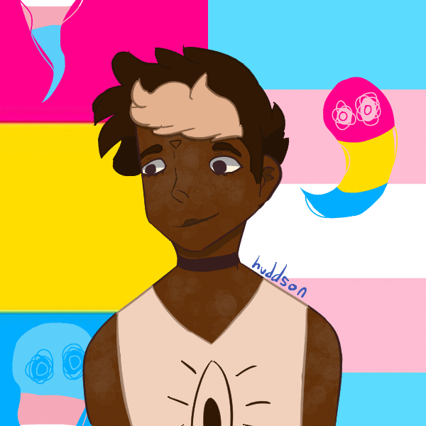 an animated drawing of a character with ghosts in the trans and pan flags floating next to them