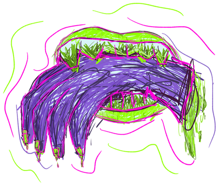 a messy drawing of a mouth biting a dismembered hand in bright, unnatural colours