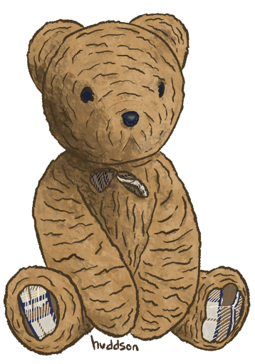 a realistic lined painting of a teddy bear named Bernie